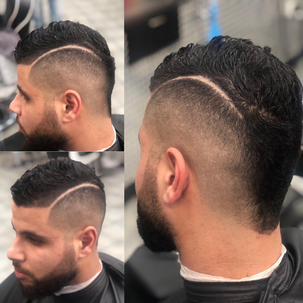 High skin fade with hard part and beard