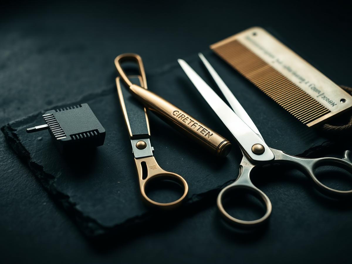 Barber tools laid out on slate